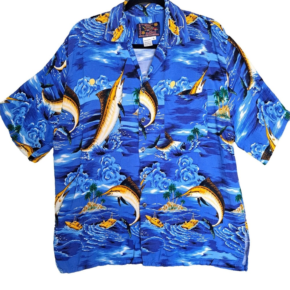 Basix Hawaiian Shirt Mens‎ L Blue Marlin Fishing Ocean Print Camp Button Down